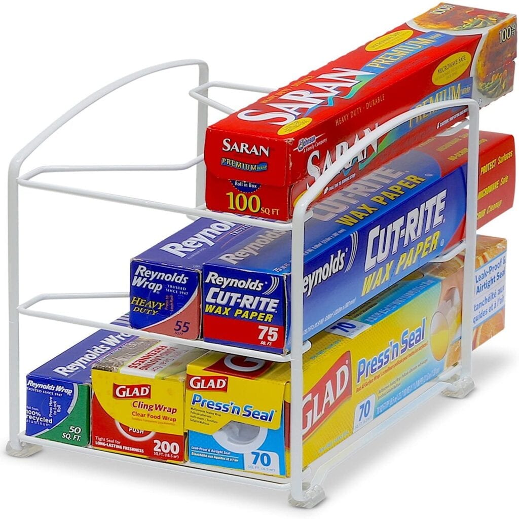 Kitchen wrap organizer for pantry storage solutions.