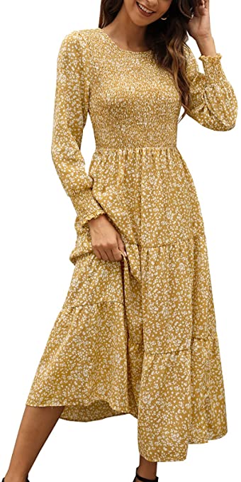 Boho Floral Tiered Midi Dress | Must-Have Long Sleeve Casual Dresses for Fall | Basic Housewife